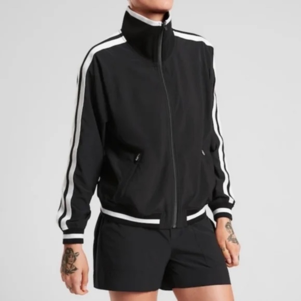 ATHLETA WOMENS TRACK JACKET FULL ZIP SZ M BLACK WHITE STRIPE
